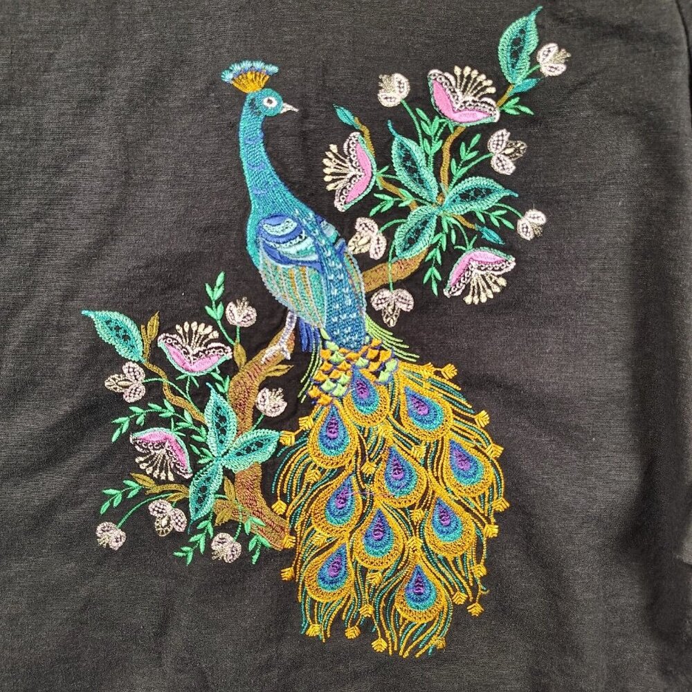 Requirements Black Button Up Embroidered Shirt Peacock Floral Linen Sz 10 - Picture 3 of 12